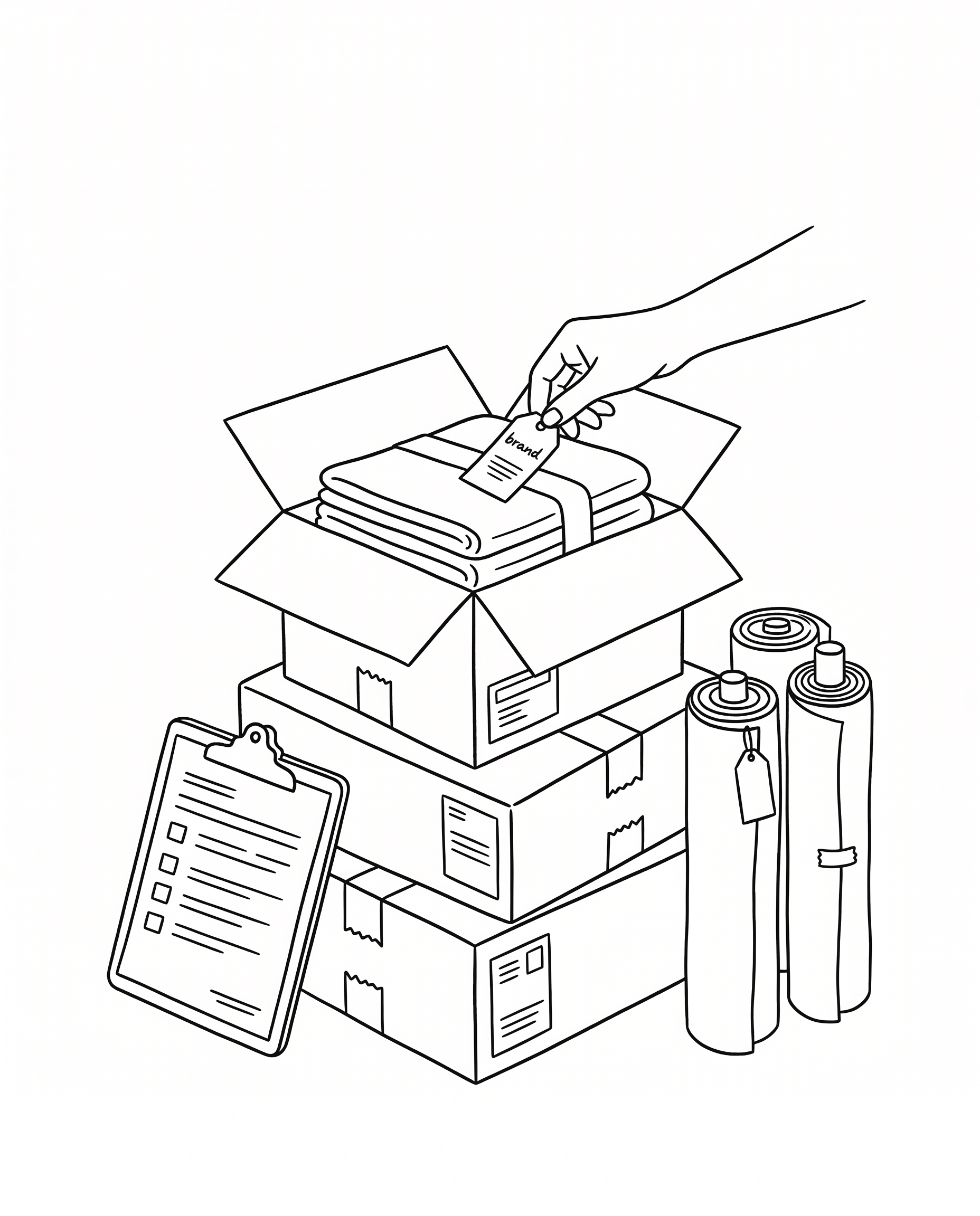 Stacked shipping cartons with folded textiles and branded labels — minimal line art illustration