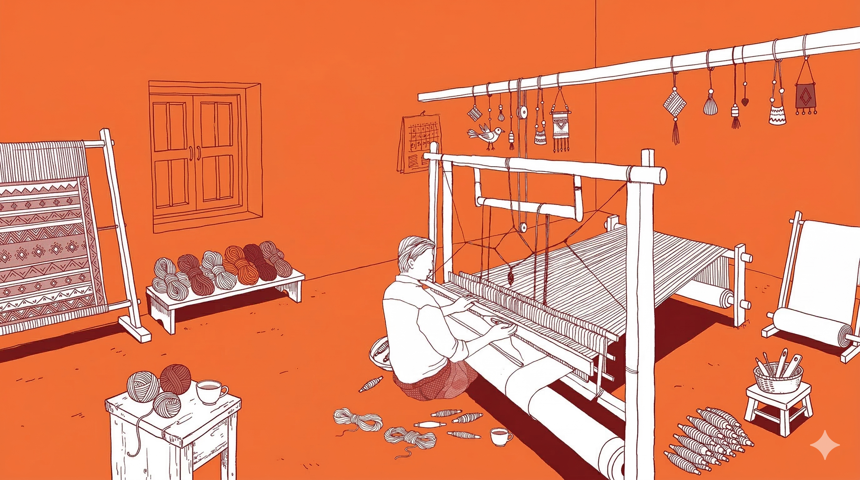 Indian artisan weaving handloom home textiles on a traditional loom — handloom workshop illustration with yarn spools, shuttle, and woven fabric